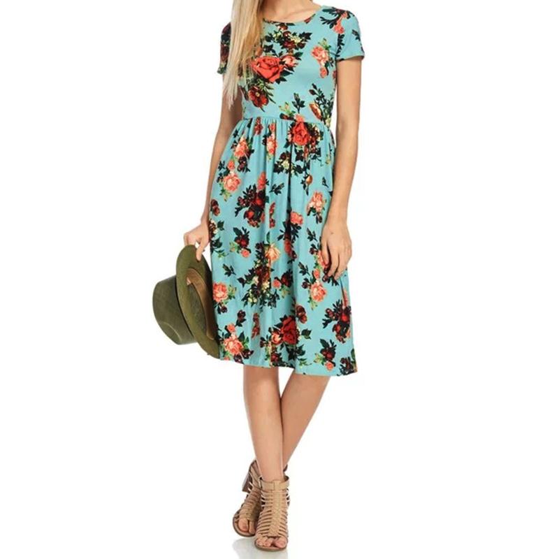 Women Floral Print O-Neck Short Sleeve Casual Dress Summer Knee-Length ...
